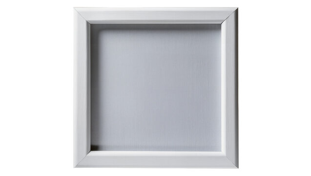 Empty white wooden shadow box frame with textured silver interior, isolated on transparent background