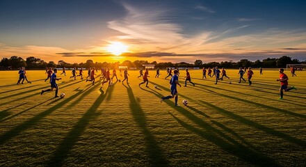 People playing soccer on a field at sunset with long shadows and vibrant sky colors outdoors in daytime