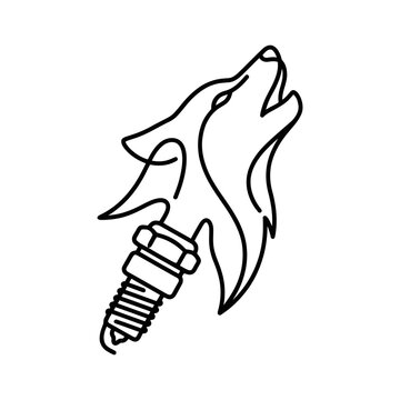 Minimalist Line Art Wolf Head with Spark Plug Design.