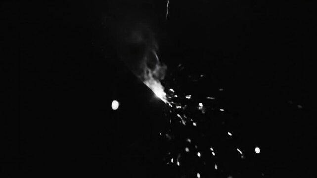Black and white slow motion firework sparks bursting in the night sky with loud explosive sound
