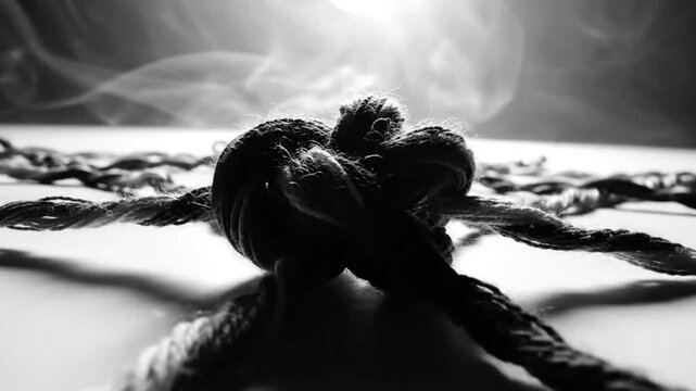 Black and white close up of a knotted rope with soft atmospheric smoke rising in the background.