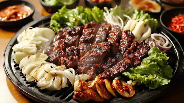Barbecue grill with beef and vegetables arranged on a plate in a lively restaurant during dinner time