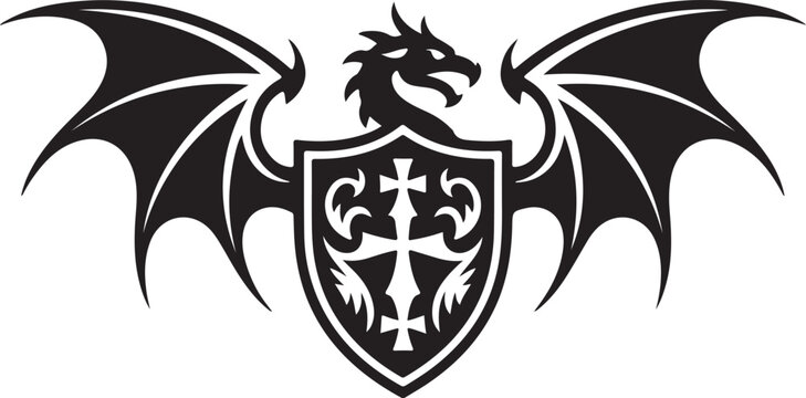 Dragon with wings and shield with cross symbol heraldry emblem logo vector illustration.