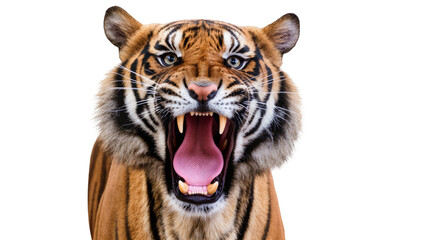 Fototapeta premium Fierce tiger roaring with bared teeth and tongue, isolated on transparent background