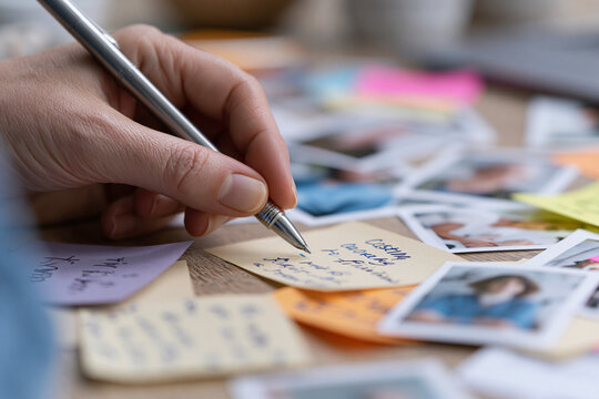 Hand writes on sticky note over scattered photos. Fingers grip pen with focused intent. Memories linger in colorful, scattered images. Emotion is quiet, personal, and reflective