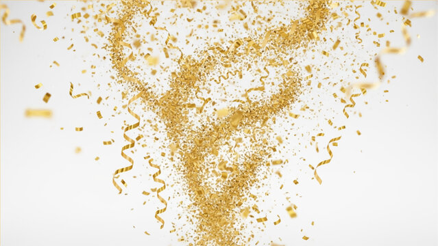 Gold confetti particles and metallic ribbons swirling in a vortex pattern against a plain white background with depth of field and blurred edges