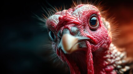 Fototapeta premium A striking close-up of a turkey showcasing its vibrant features and intense expression, capturing both the beauty of its details and the primal essence of wildlife.