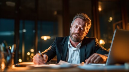 Obraz premium A determined professional is writing intensely at his cluttered desk, symbolizing hard work and dedication in a corporate environment filled with paperwork and files.