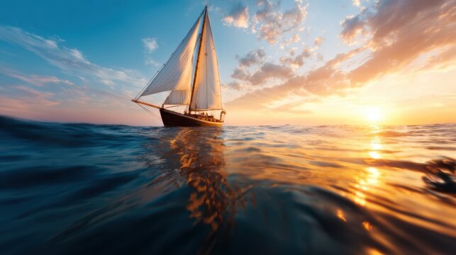 A beautiful sailboat gracefully glides across serene waters at sunset, reflecting golden hues in the water, capturing the tranquility and freedom of life at sea.