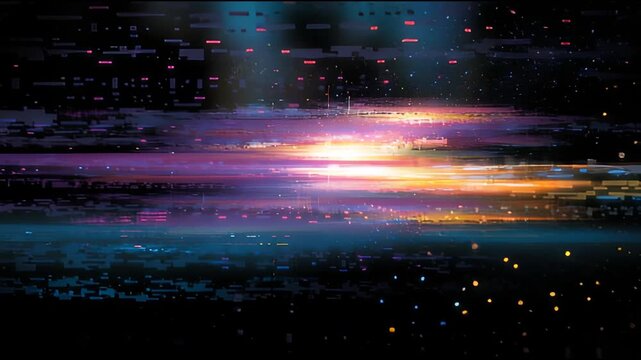 Abstract digital glitch art with vibrant neon colors and futuristic feel