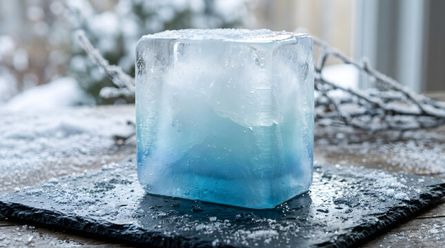 Crystal clear ice cube with soft blue gradient on black stone plate against a snowy winter background, close-up shot