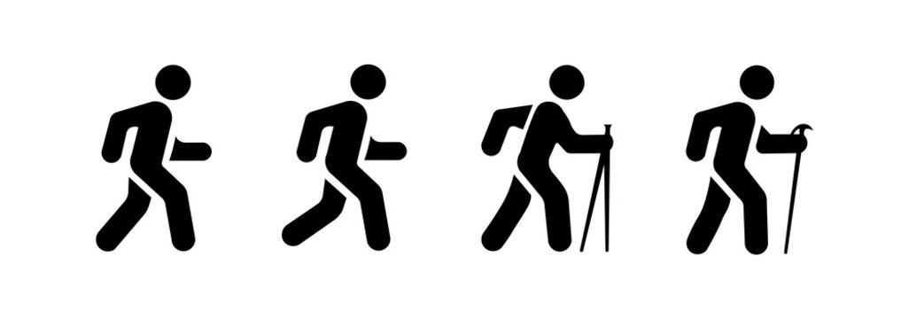 Outdoor activity icon set, minimalist silhouettes featuring runner and hiker figures.