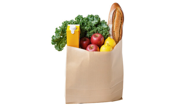 Brown paper grocery bag filled with apples lemons kale juice and baguette, isolated on transparent background