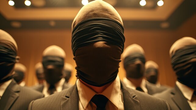 A haunting portrayal of multiple masked figures in dark suits standing in a dimly lit environment, evoking feelings of mystery and intrigue.
