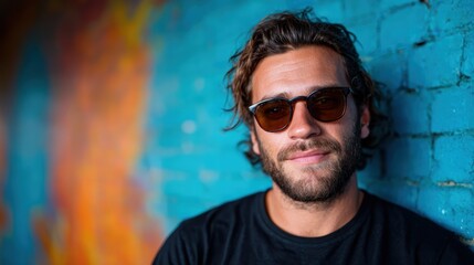 Obraz premium A relaxed young man with glasses leaning against a colorful wall exudes confidence and modern style, illustrating the essence of casual urban living.
