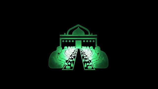 Glowing Mosque Entrance With A Path Illuminated By Neon Light In The Dark