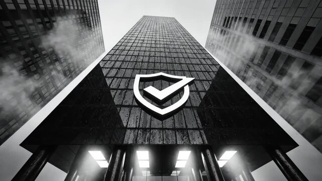 Low angle shot of a shield icon with a check mark on a tall skyscraper in a city