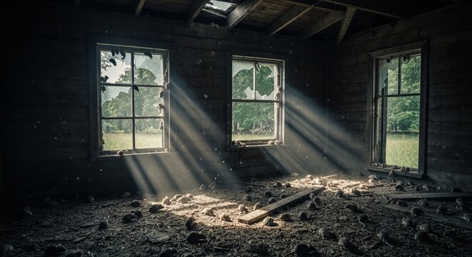 Abandoned Place Reveals Remnants of Forgotten Existence, Permeated by Evocative Sunlight and Beauty