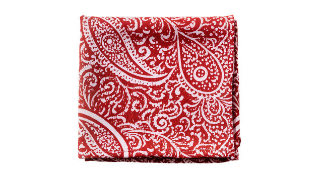Red paisley patterned folded pocket square, isolated on transparent background