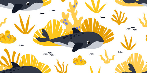 Hand drawn cartoon whale with yellow coral and ocean plants illustration for kids baby shower birthday party nursery decor sea life background underwater creature © Ilona