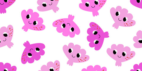 Obraz premium Cute smiling pink clam shells pattern for valentines day love theme beach wedding bridal shower nursery wallpaper hand drawn cartoon sea life illustration