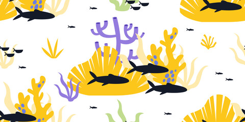 Dark fish silhouettes swimming in yellow coral reef for environment protection day ocean floor exploration concept hand drawn sea life illustration for kids © Ilona