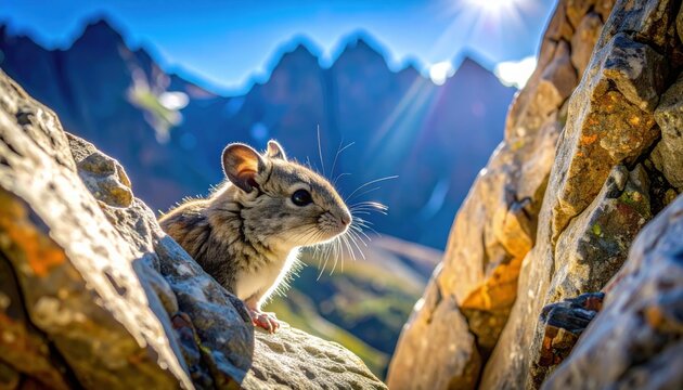Rare and elusive Ili pika with rounded ears and gray fur peeking from a rocky crevice in the high altitude Tianshan mountains during a bright sunny day, cinematic wildlife photography banner.