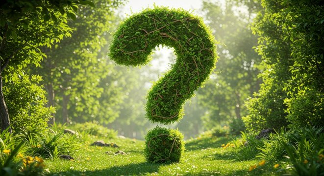 Large question mark made of green leaves and vines standing in a sunny forest clearing with bright sunlight