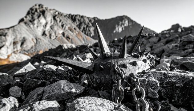 Heavy Iron Morning Star With Thick Metal Spikes and Short Chain Links Rests On Jagged Rocks in a Cinematic Mountain Landscape, Featuring a Widescreen Banner Composition and Dramatic Sharp Details.