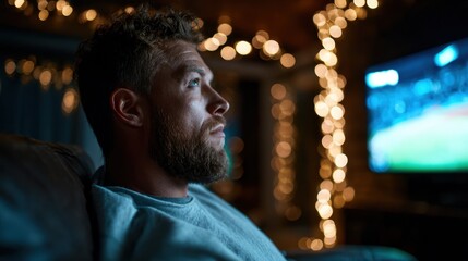 Fototapeta premium A thoughtful man sits on a cozy couch, intently watching television, with warm, glowing lights creating a comfortable atmosphere that embodies relaxation and entertainment.