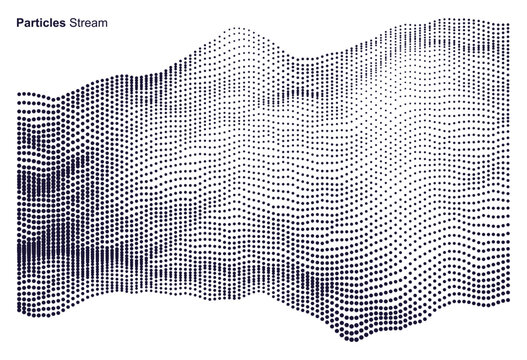 Wave background. Grid. An array with dynamic particles. Texture. Scientific illustration. Black and white. 3D vector for brochure, poster, cover, card, presentation, flyer or banner.