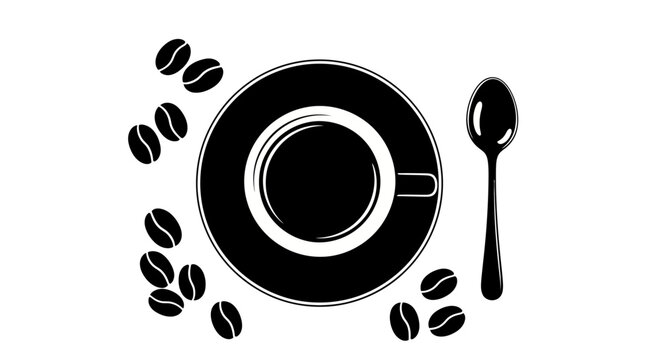 Black coffee cup with saucer spoon.