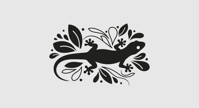 Minimalist lizard silhouette icon with decorative botanical floral leaves design.