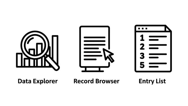 Data management icons set including data explorer record browser and entry list symbols with explorer management information analysis business database organized software interface document