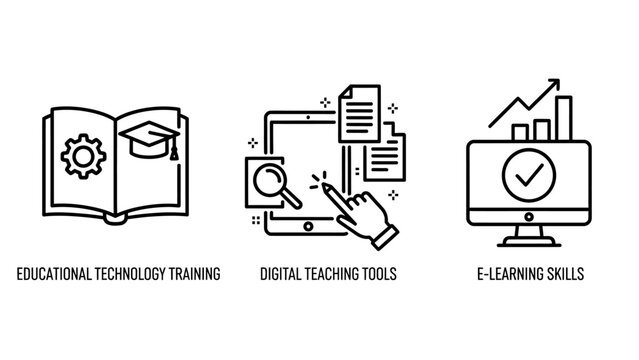 Digital education and online learning line icon set with education learning elearning technology academic knowledge university internet classroom graduation computer analysis magnifying