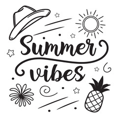 Summer vibes typography with illustrations of hat sun pineapple and flower © srazimarts