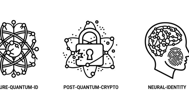 Advanced quantum cryptography and neural identity vector icons with cryptography identity security encryption technology fingerprint protection innovation abstract computing information
