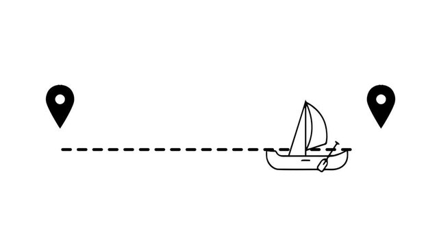 Sailboat Travels Between Two Location Markers With Dashed Line Showing Path on White Background