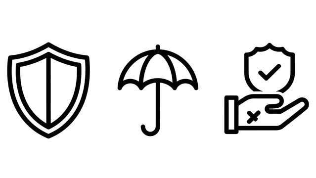 Set of protective insurance and safety line art icons including a shield umbrella and protected hand with checkmark protection insurance umbrella security guarantee checkmark interface