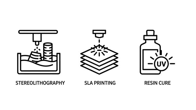 3D printing icons set including stereolithography sla printing and resin cure with stereolithography printing additive manufacturing technology prototyping industrial equipment fabrication