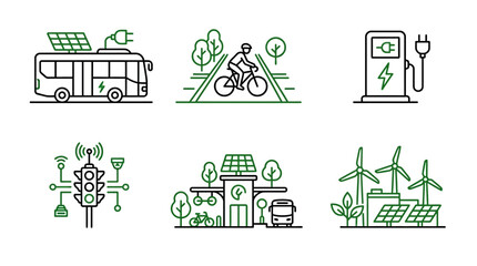 Naklejka premium Green Smart City and Renewable Energy Line Icons Collection on Isolated White Background