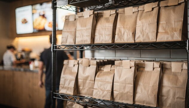 Shot of shelves filled with order bags marked for curbside pickup blurred signs in back conveying efficient contactless restaurant service during dinner rush.
