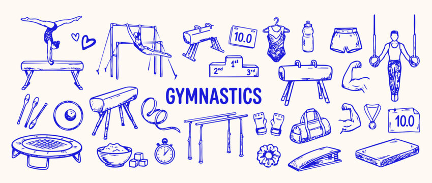 Gymnastics Illustration: A comprehensive illustrated collection of gymnastics equipment and activities, depicting the various apparatus and exercises.