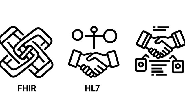 Set of medical informatics and health data exchange icons including fhir and hl7 protocols with exchange informatics protocol interoperability handshake information technology hospital
