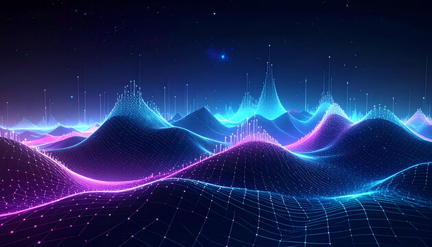 Abstract digital landscape featuring neon waves, gridlines, and data visualization elements