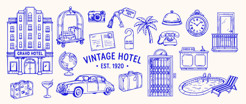 Vintage Hotel Charm: A whimsical illustration of a classic hotel, showcasing iconic elements such as a vintage car, bellhop cart, and palm tree, all capturing the nostalgia of a bygone era.