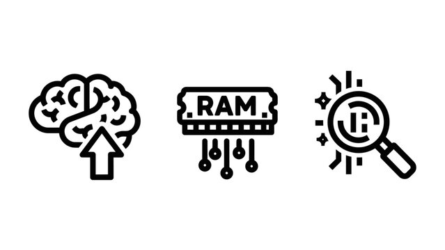 Artificial intelligence ram memory module and data search analysis icons with intelligence analysis technology computing hardware processor magnifying information innovation technical