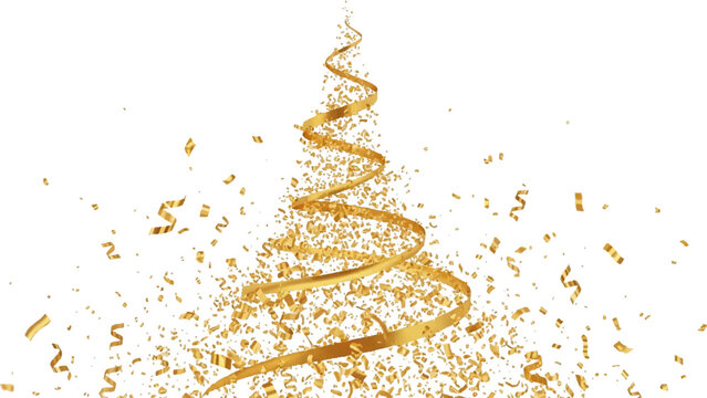 Gold spiral ribbon forming a conical christmas tree shape with scattered metallic confetti particles isolated on a white background