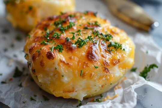 Delicious twice baked potatoes topped with melted cheese and fresh parsley, creating a comforting and flavorful dish