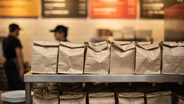 Shot of shelves filled with order bags marked for curbside pickup blurred signs in back conveying efficient contactless restaurant service during dinner rush.
